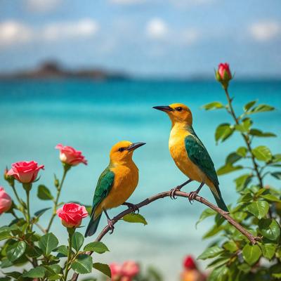 The primary subject of the image is a pair of colorful birds perched on a branch. The birds are yellow and blue, and they are sitting next to each other. The setting is a beach, with the ocean visible in the background. The visual style of the image is a photo, capturing the birds in their natural habitat. The colors and mood of the image are vibrant and lively, with the birds' bright colors contrasting against the blue ocean and the beach's natural surroundings.